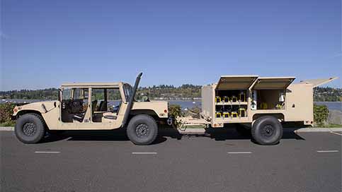 An expeditionary lighting system (EALS) trailer hooked up to a Humvee